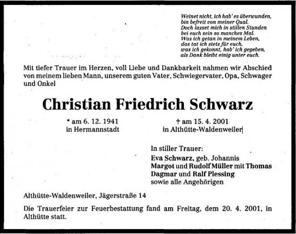 Schwarz Christian Friedrich 1941-2001 Todesanzeige